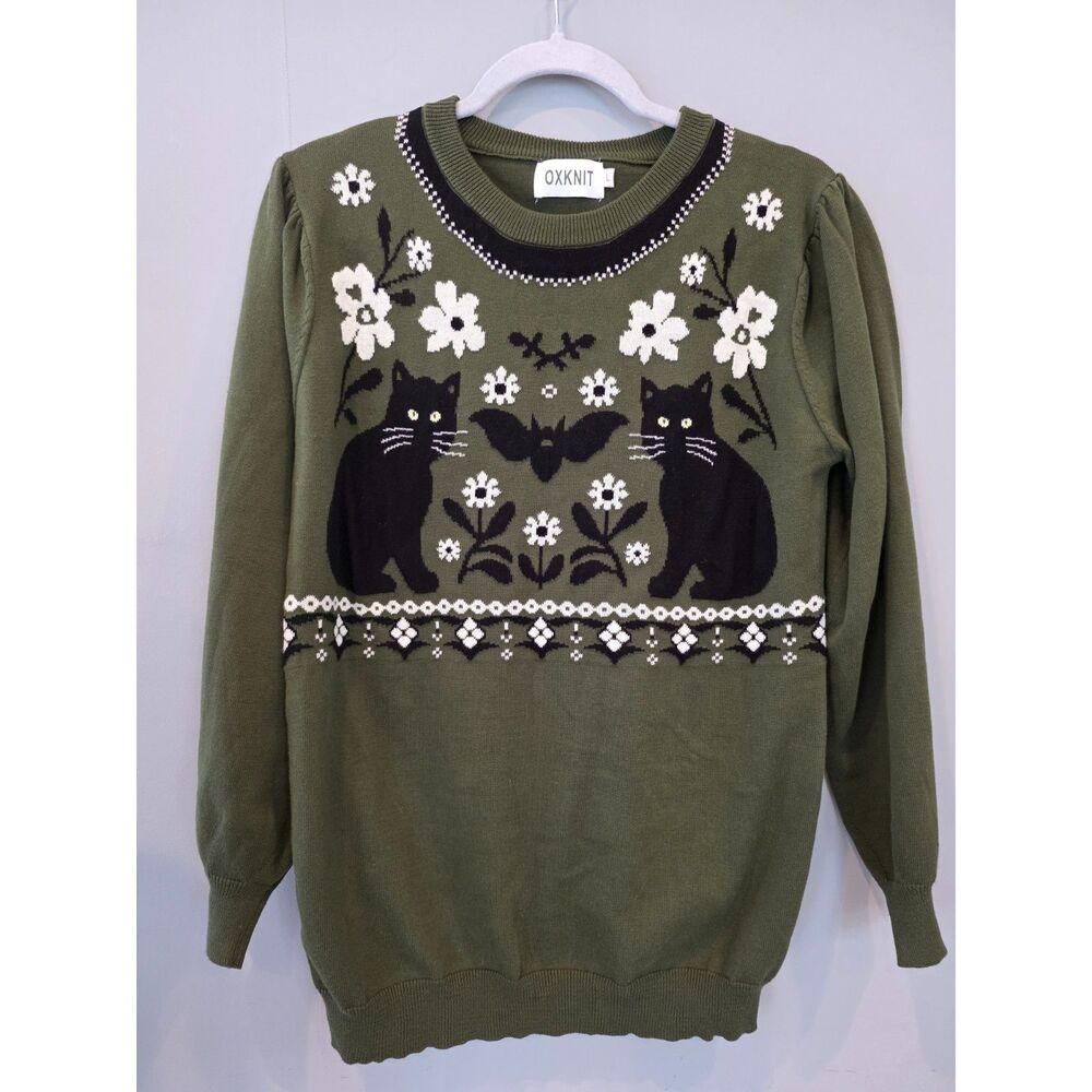 NWOT OxKnit Cat Sweater Large 100% Cotton Green Whimsygoth Cottage Fairy Grandma